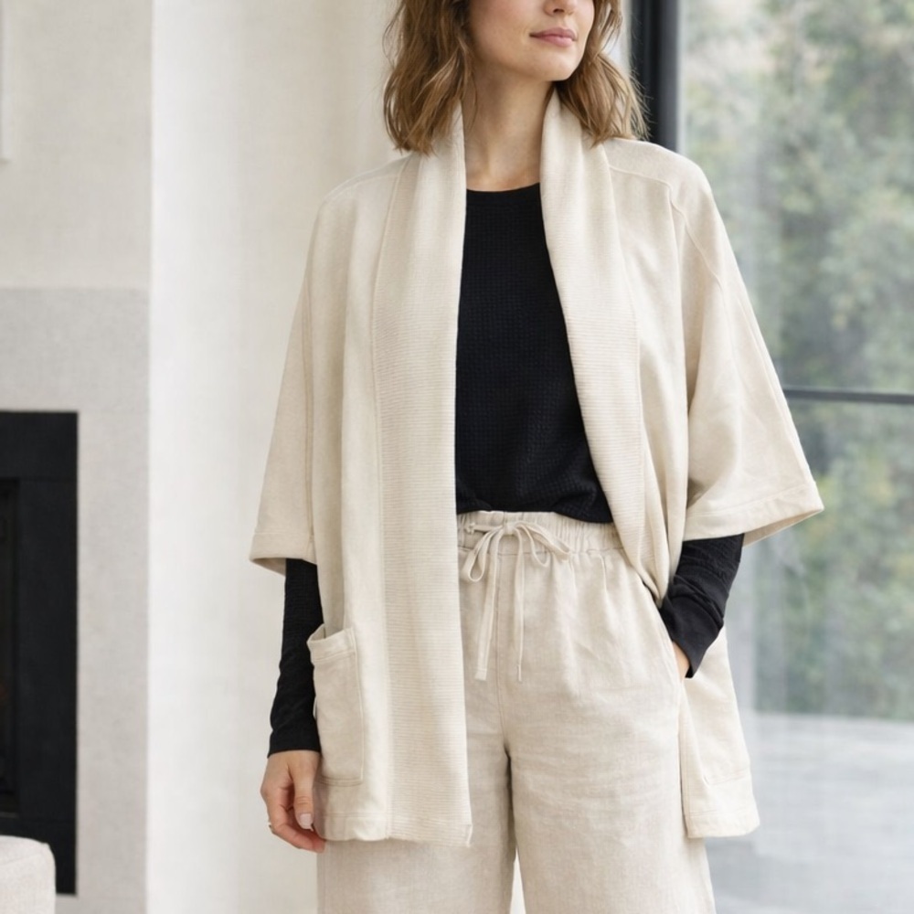 Wilfred Free Cotton Off White 3/4 Sleeve Open Front Cardigan Sweater
